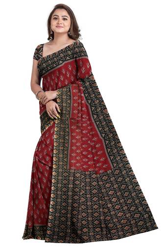 Maroon ikat printed saree