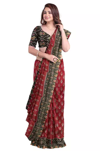 Maroon ikat printed saree
