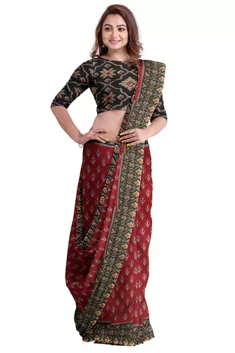 Maroon ikat printed saree