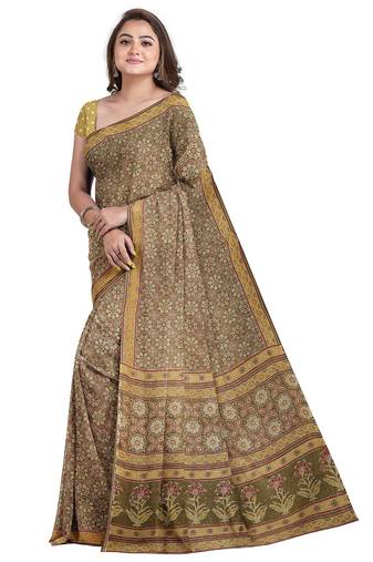 Light olive ajrakh inspired printed saree