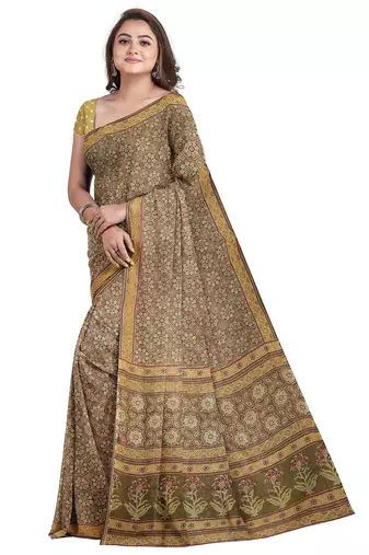 Light olive ajrakh inspired printed saree