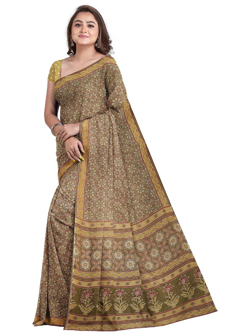 Light olive ajrakh inspired printed saree