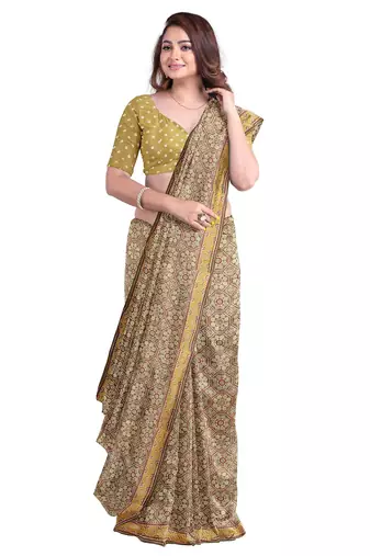 Light olive ajrakh inspired printed saree