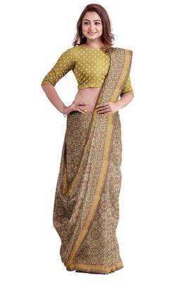 Light olive ajrakh inspired printed saree 3