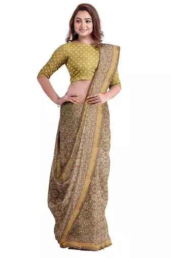 Light olive ajrakh inspired printed saree