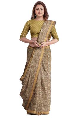 Light olive ajrakh inspired printed saree 4