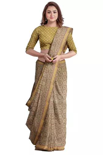 Light olive ajrakh inspired printed saree