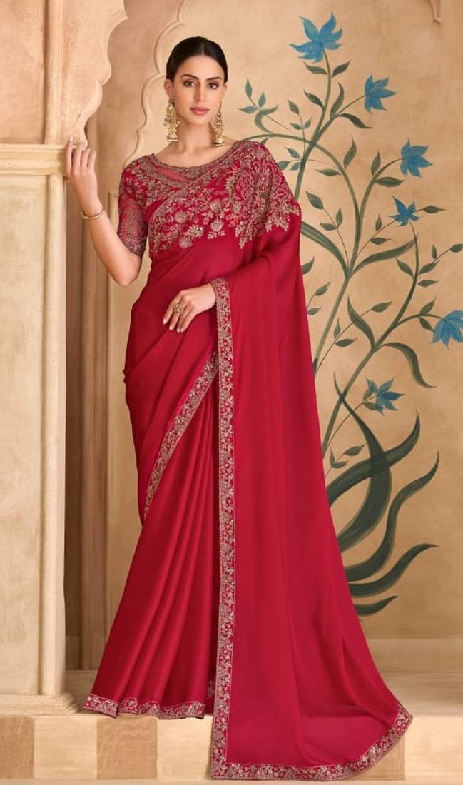 Red georgette embroidered wedding-saree