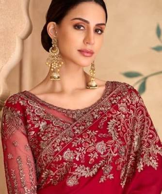 Red georgette embroidered wedding-saree 2
