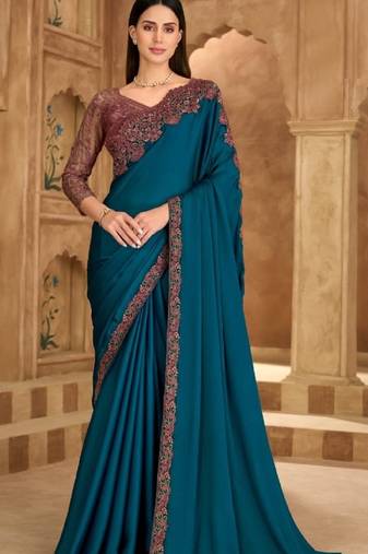 Teal chiffon embroidered wedding-saree