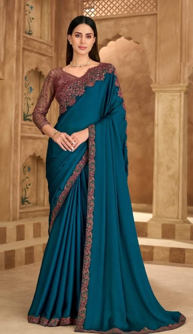 Teal chiffon embroidered wedding-saree