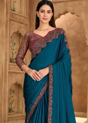 Teal chiffon embroidered wedding-saree 2