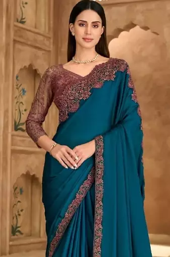Teal chiffon embroidered wedding-saree