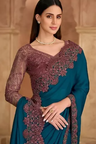 Teal chiffon embroidered wedding-saree
