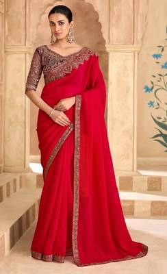 Red georgette embroidered wedding-saree 1