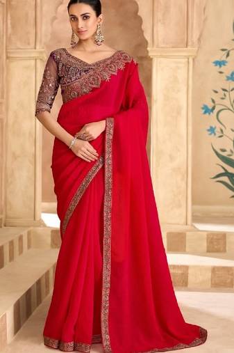 Red georgette embroidered wedding-saree
