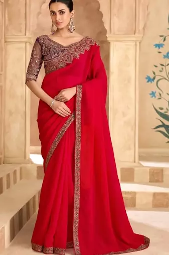 Red georgette embroidered wedding-saree