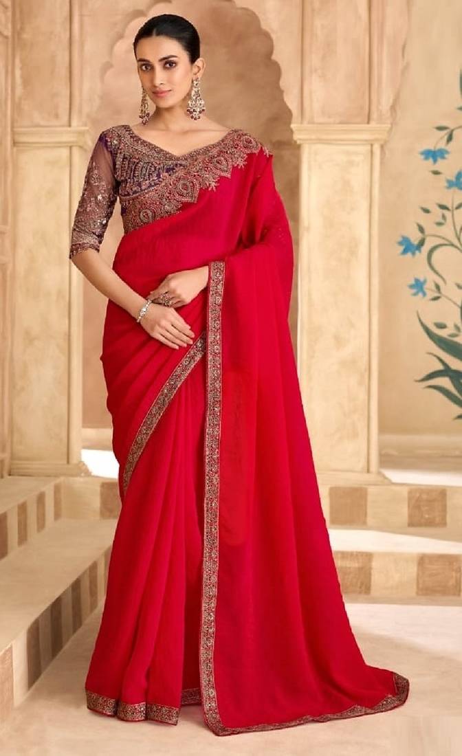 Red georgette embroidered wedding-saree