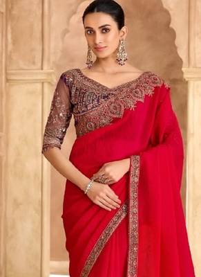 Red georgette embroidered wedding-saree 2