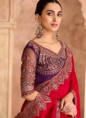 Red georgette embroidered wedding-saree 3
