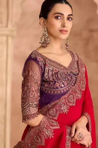 Red georgette embroidered wedding-saree