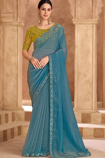 Blue georgette embroidered wedding-saree