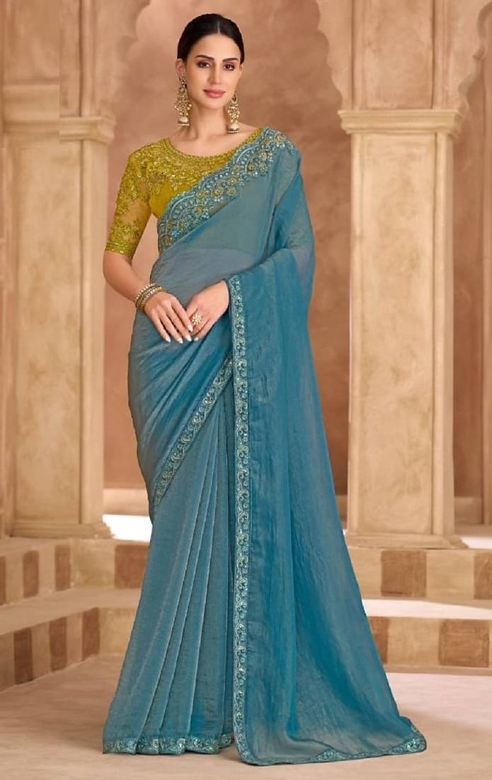 Blue georgette embroidered wedding-saree