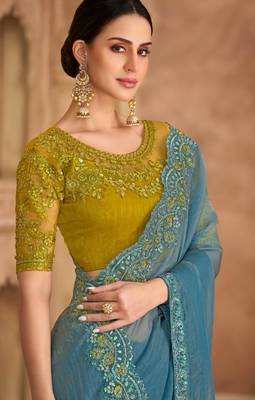 Blue georgette embroidered wedding-saree 2