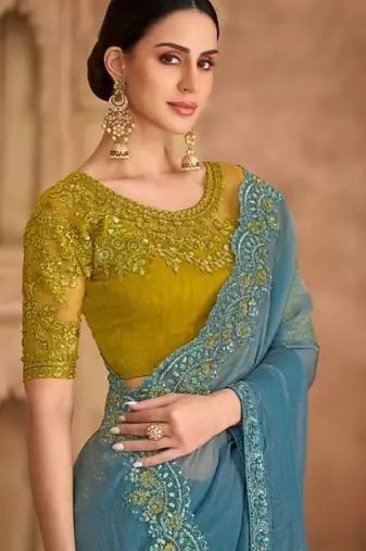 Blue georgette embroidered wedding-saree