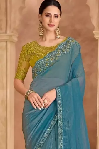 Blue georgette embroidered wedding-saree
