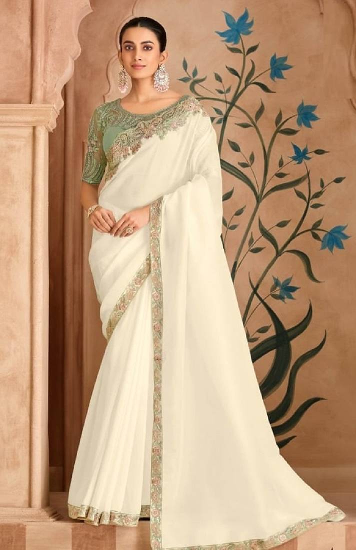 Off white chiffon embroidered bridal-saree