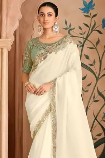 Off white chiffon embroidered bridal-saree
