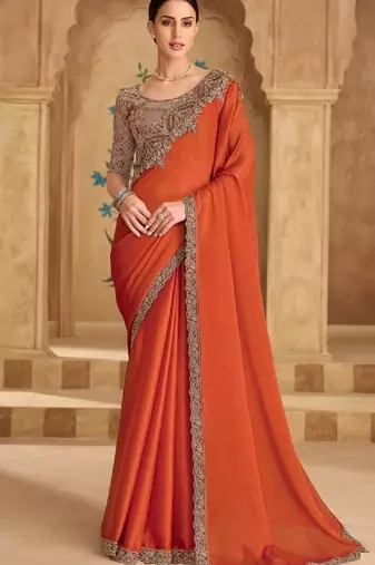 Rust chiffon embroidered bridal-saree