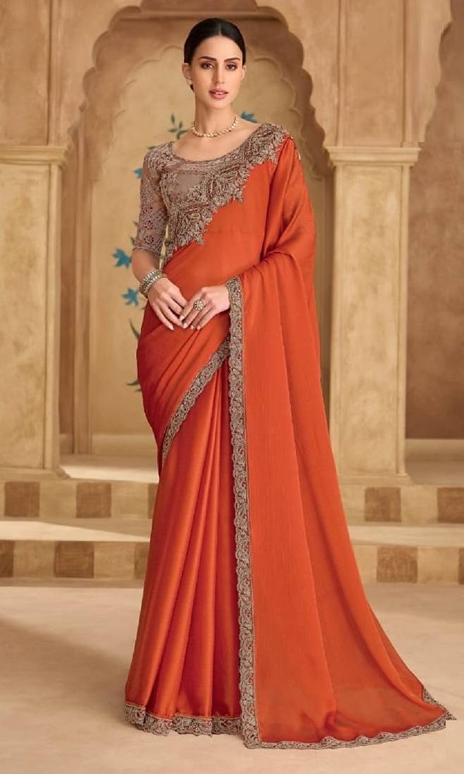 Rust chiffon embroidered bridal-saree