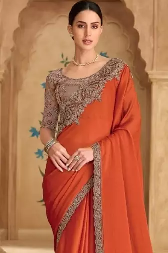 Rust chiffon embroidered bridal-saree