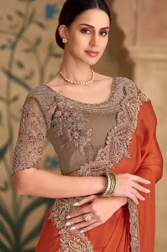 Rust chiffon embroidered bridal-saree