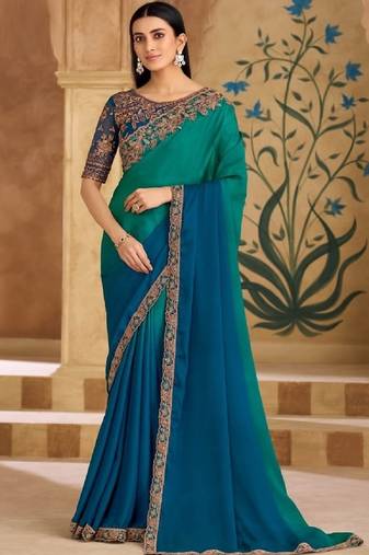 Teal chiffon embroidered bridal-saree