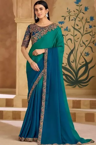 Teal chiffon embroidered bridal-saree