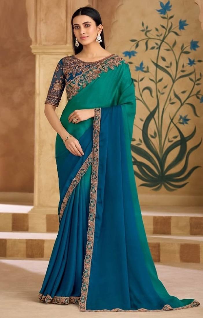 Teal chiffon embroidered bridal-saree