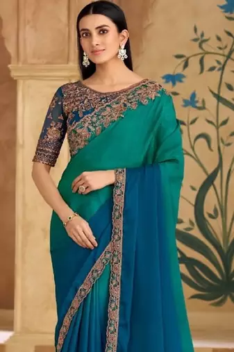 Teal chiffon embroidered bridal-saree