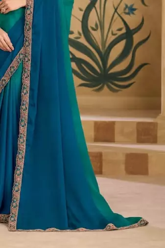 Teal chiffon embroidered bridal-saree