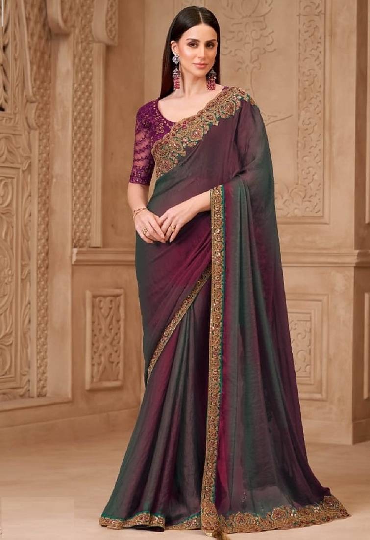 Wine grey georgette embroidered bollywood-saree