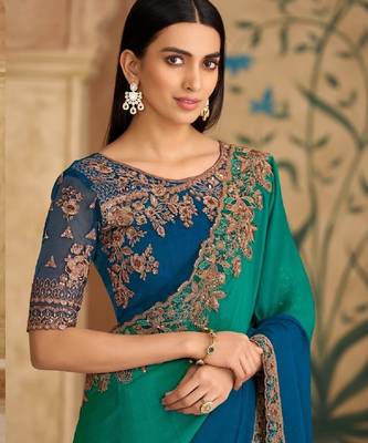 Teal chiffon embroidered bridal-saree 4