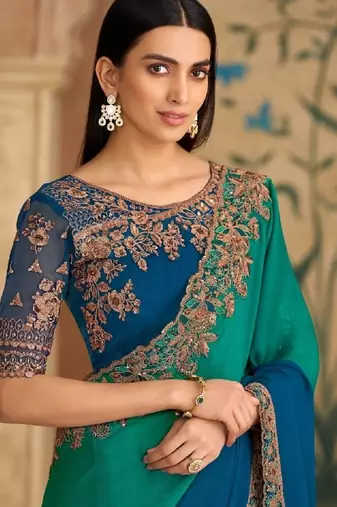 Teal chiffon embroidered bridal-saree