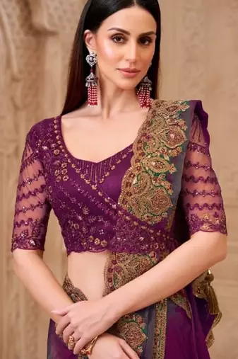 Wine grey georgette embroidered bollywood-saree