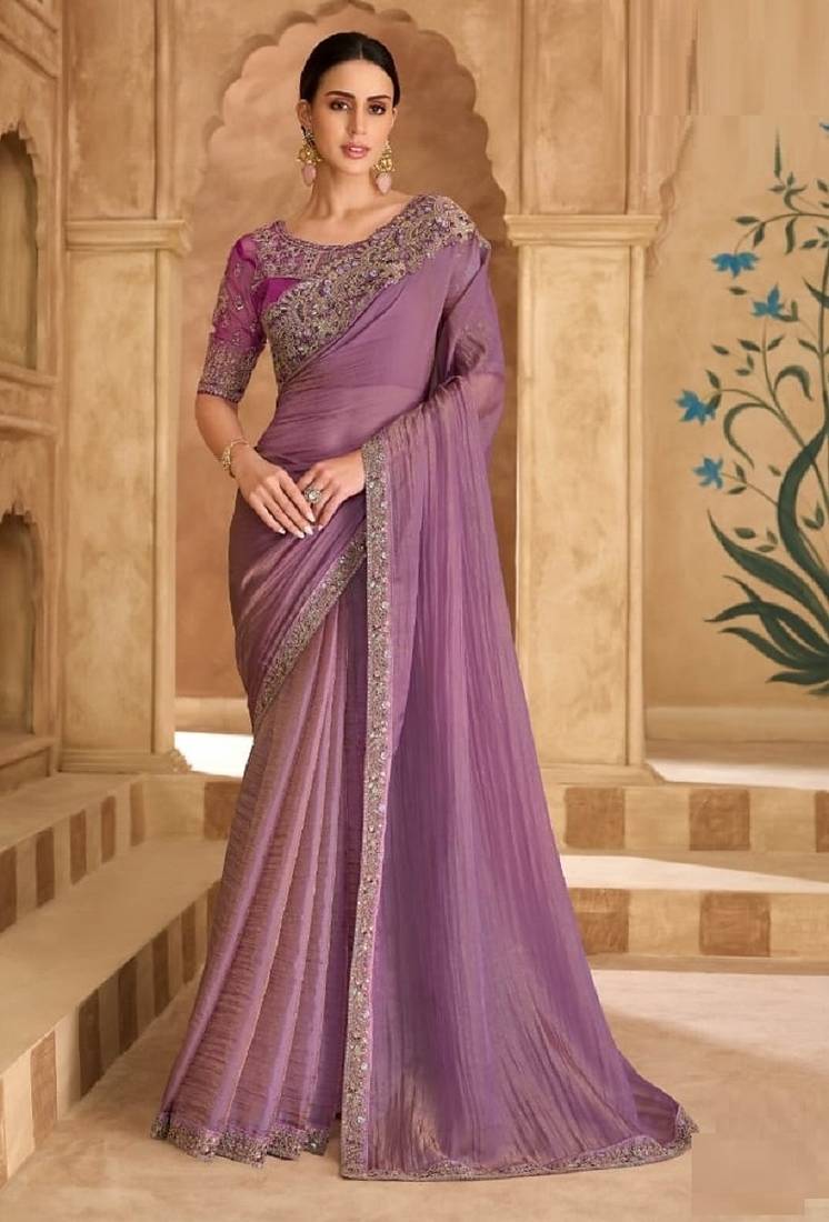 Mauve georgette embroidered bridal-saree