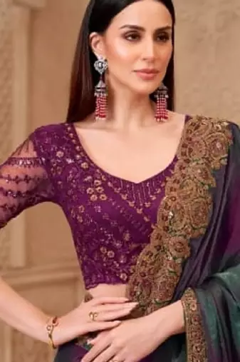 Wine grey georgette embroidered bollywood-saree