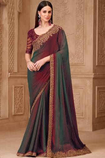 Maroon grey georgette embroidered -saree