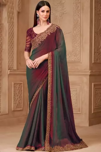 Maroon grey georgette embroidered -saree