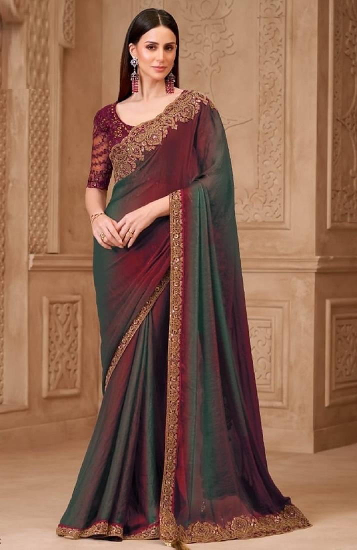 Maroon grey georgette embroidered -saree